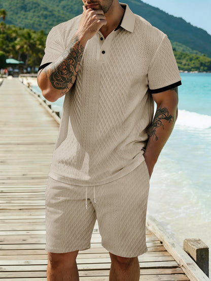 Men's Summer Casual Polo Shirt & Shorts Set with Geometric Print