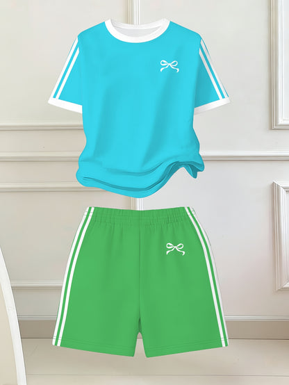 Girls' Butterfly Print Bow Short Sleeve Tee & Shorts Set