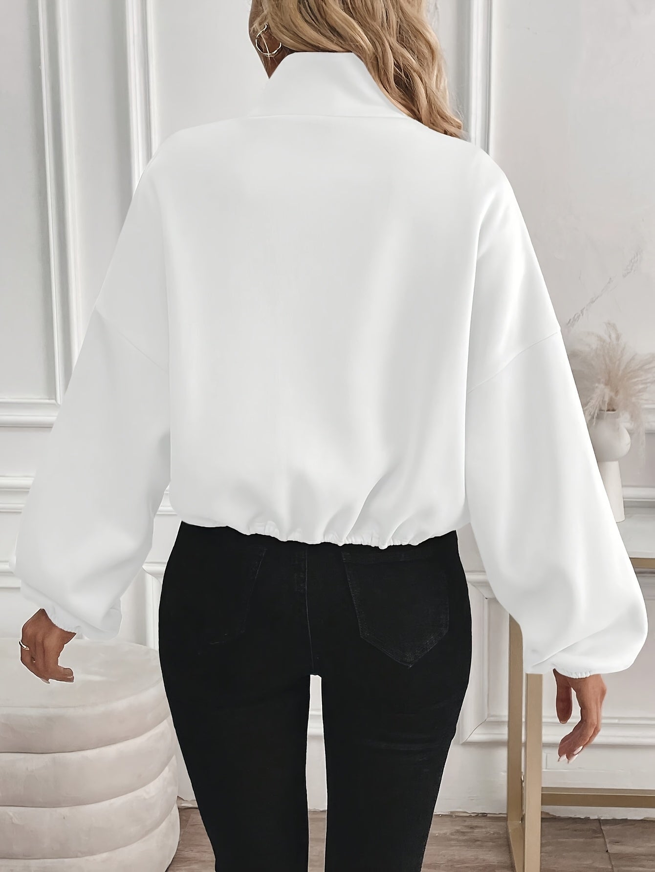 Women's Elegant Black Stand Collar Jacket with Full-Zip Closure - All-Season Casual to Semi-Formal Outerwear, Machine Washable Zippered Coat for Fall Winter Layering, Versatile Work to Semi-Formal Outfits