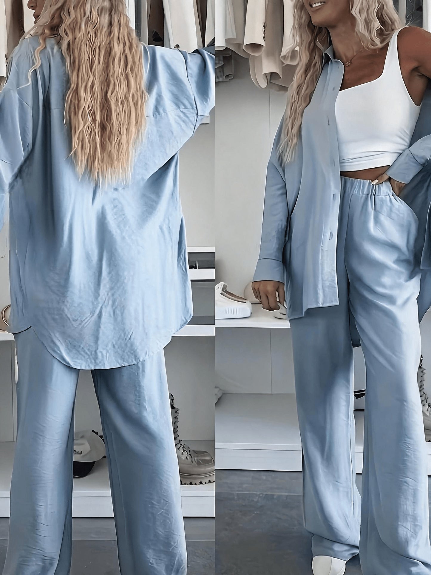Women's Loose Shirt & Wide-Leg Pants Set - Elegant Polyester