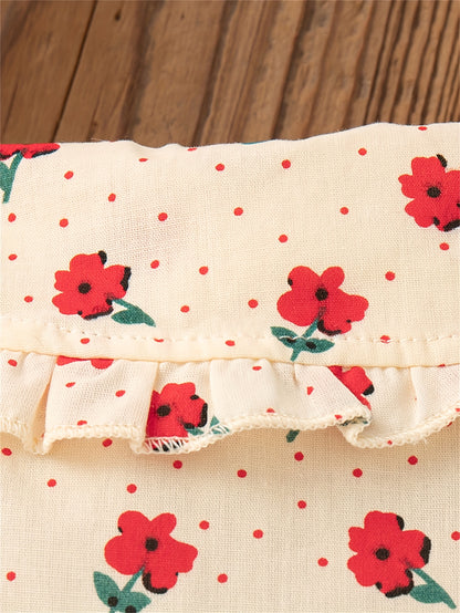 Կարմիր և սպիտակ պուանսետիայով և աստղերի նախշերով զգեստ՝ ծալքավոր օձիքով և ժանյակե զարդանախշով - Երկար թևքերով A-գծով ձմեռային երեկույթի զգեստ Սուրբ Ծննդյան, Նոր տարվա, լուսանկարահանումների համար - Կարճ փափուկ զգեստ (ձեռքով լվացվող հագուստ)