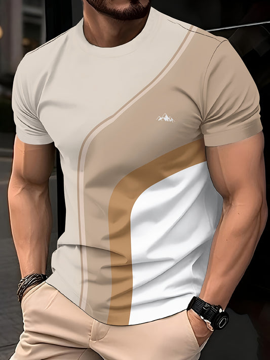 Men'S Beige Geometric Print T-Shirt - Casual Crew Neck, Slight Stretch Fabric, Modern Design with Striking Patterns, Everyday Tshirt   Modern Tshirt   Comfortable Fit