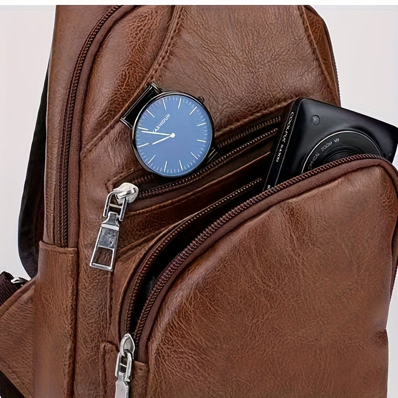2025 New Men'S Fashion Chest Bag - Soft Faux Leather Anti-Theft Crossbody Bag with Multiple Compartments, Adjustable Strap  Zipper Closure for Gym, Travel, Casual Outings (Brown), Secure Travel Pouch, Textured Finish