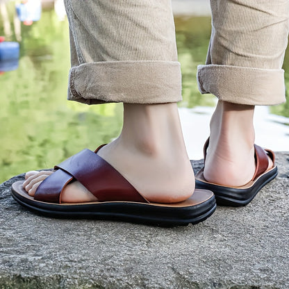 Men's Embroidered Slip-On Slides, Casual Non-Slip Beach Shoes