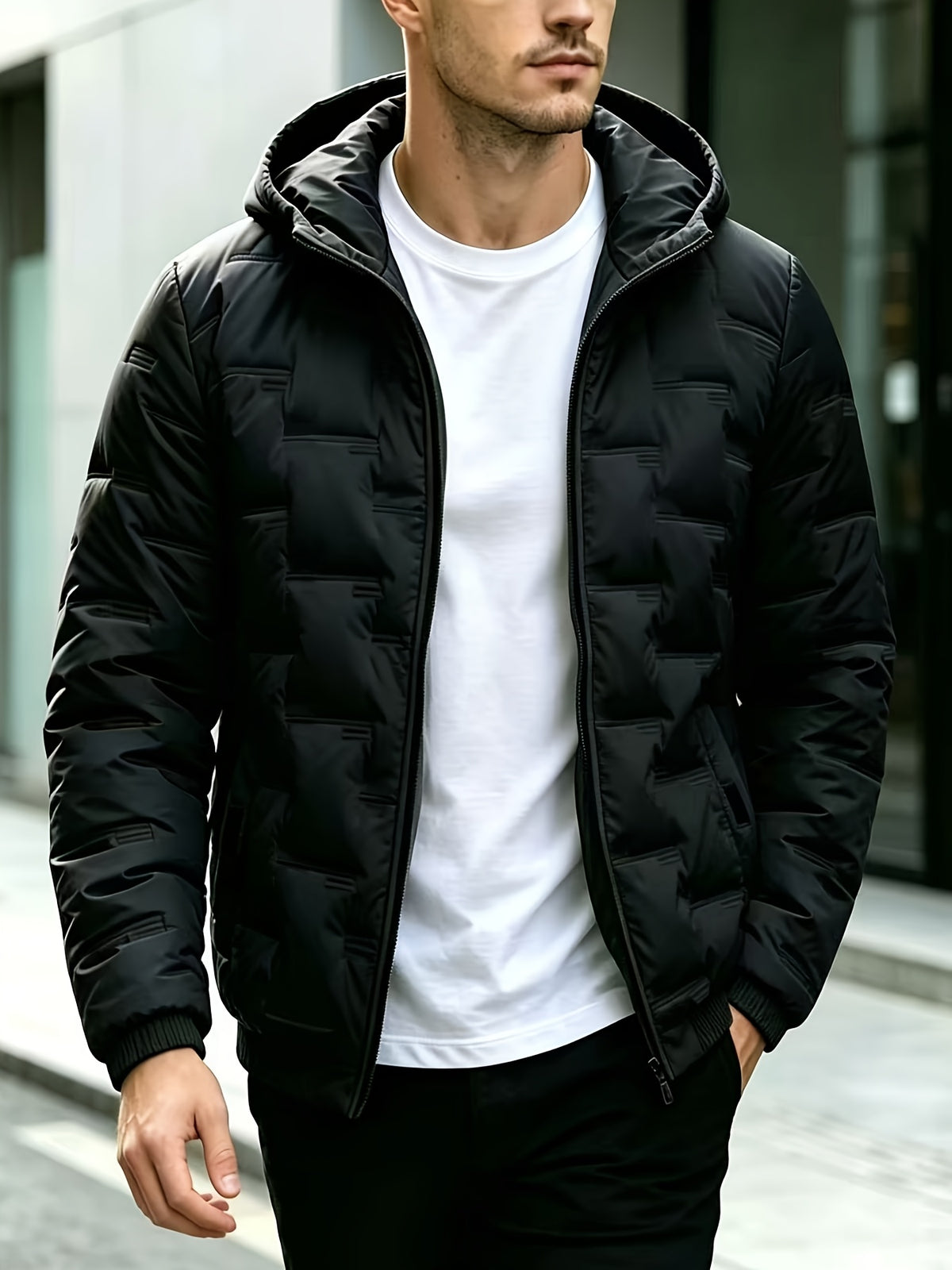 Men's Quilted Hooded Jacket, Warm Casual Winter Outerwear
