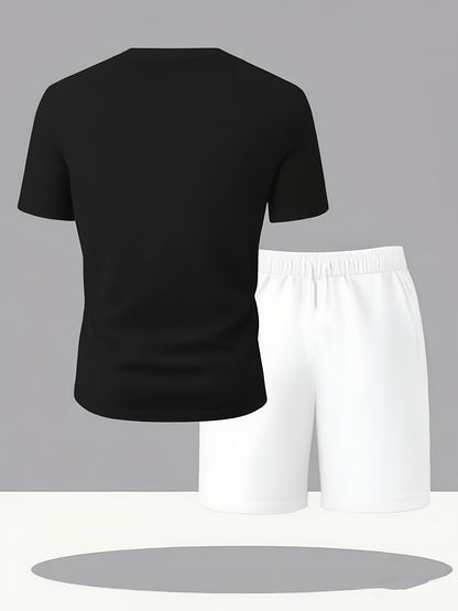 Summer Men'S Casual Sports Short Sleeve T-Shirt and Shorts Set, Knitted Polyester Fabric, Comfortable Breathable, Bench. Letter Print Design - 2pcs