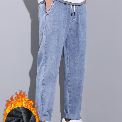Men's Winter Fleece-Lined Jeans - Casual Straight Leg with Elastic Drawstring Waist, Warm & Stylish Streetwear Denim Pants