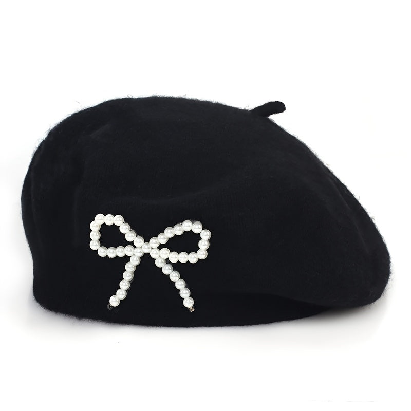 1pc Women's Wool Beret with Pearl Bow - Elegant, Breathable, and Stylish in Multiple Colors (Black, Brown, Gray, Beige, Purple, Pink) for Casual Attire
