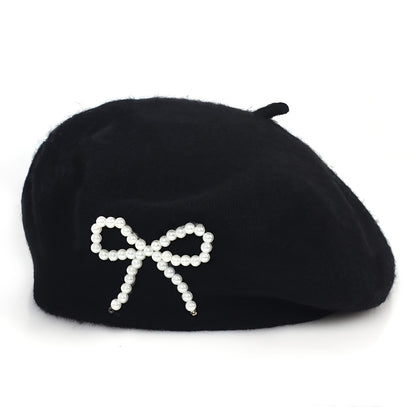 1pc Women's Wool Beret with Pearl Bow - Elegant, Breathable, and Stylish in Multiple Colors (Black, Brown, Gray, Beige, Purple, Pink) for Casual Attire