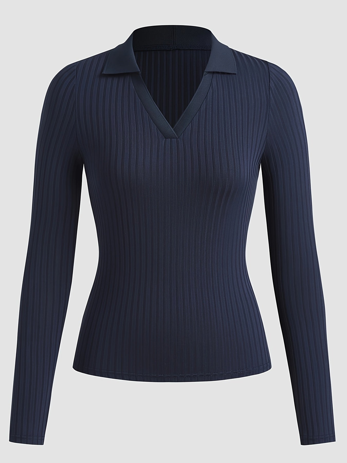 Elegant Navy Blue Ribbed Long Sleeve Top for Women - Chic V-Neck with Collar, Stretchy Polyester Blend, Machine Washable - Perfect for Spring & Autumn