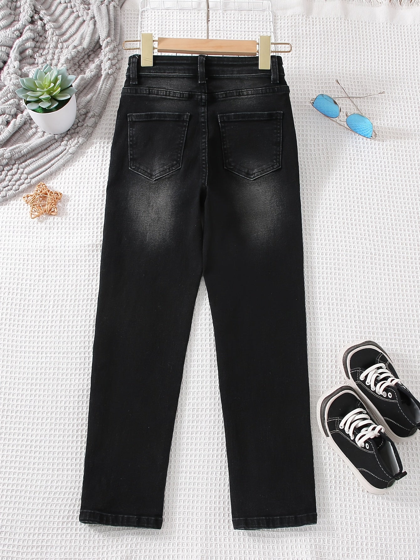Youth Mid-Waist Straight Denim Jeans for Teens, All-Season