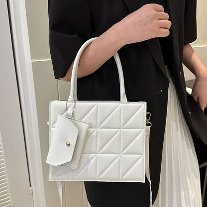 Quilted Square Crossbody Bag for Women - Synthetic Leather Work Bag with Detachable Coin Purse, Geometric Quilted Design, Adjustable Strap & Golden-Tone Hardware, Black Office Commute Bag for College Students & Professionals,