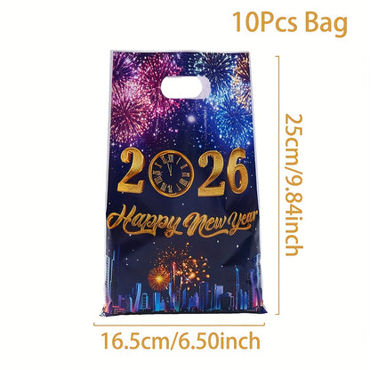 10/25/50pcs FengRise 2026 Happy New Year Fireworks Countdown Clocks Gift Bags - Vibrant Fireworks & Cityscape Design, Durable Plastic Party Favor Bags for New Year'S Eve, Birthday, Wedding Decorations, New Year Gifts, Festive