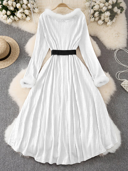 Plus Size - Plus Size, Women'S Elegant Formal Party Dress - Long Sleeve V-Neck with Adjustable Waist Belt, Flared Skirt - Elegant Evening Gown for Christmas, Galas, Weddings - Plus Size Friendly - Black Formal Attire, Formal