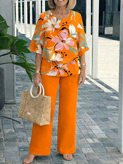 Women's Elegant Floral Pantsuit Set Short Sleeve for Spring