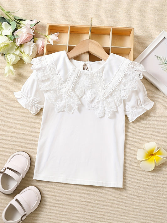 Girls' Elegant Cotton Knit T-Shirt with Contrast Collar