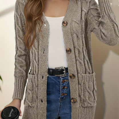 Elegant Women's Cable-Knit Cardigan - Cozy Button-Up V-Neck Sweater Jacket with Pockets, Long Sleeves in Heather Gray, 100% Polyester, Machine Washable for Fall/Winter