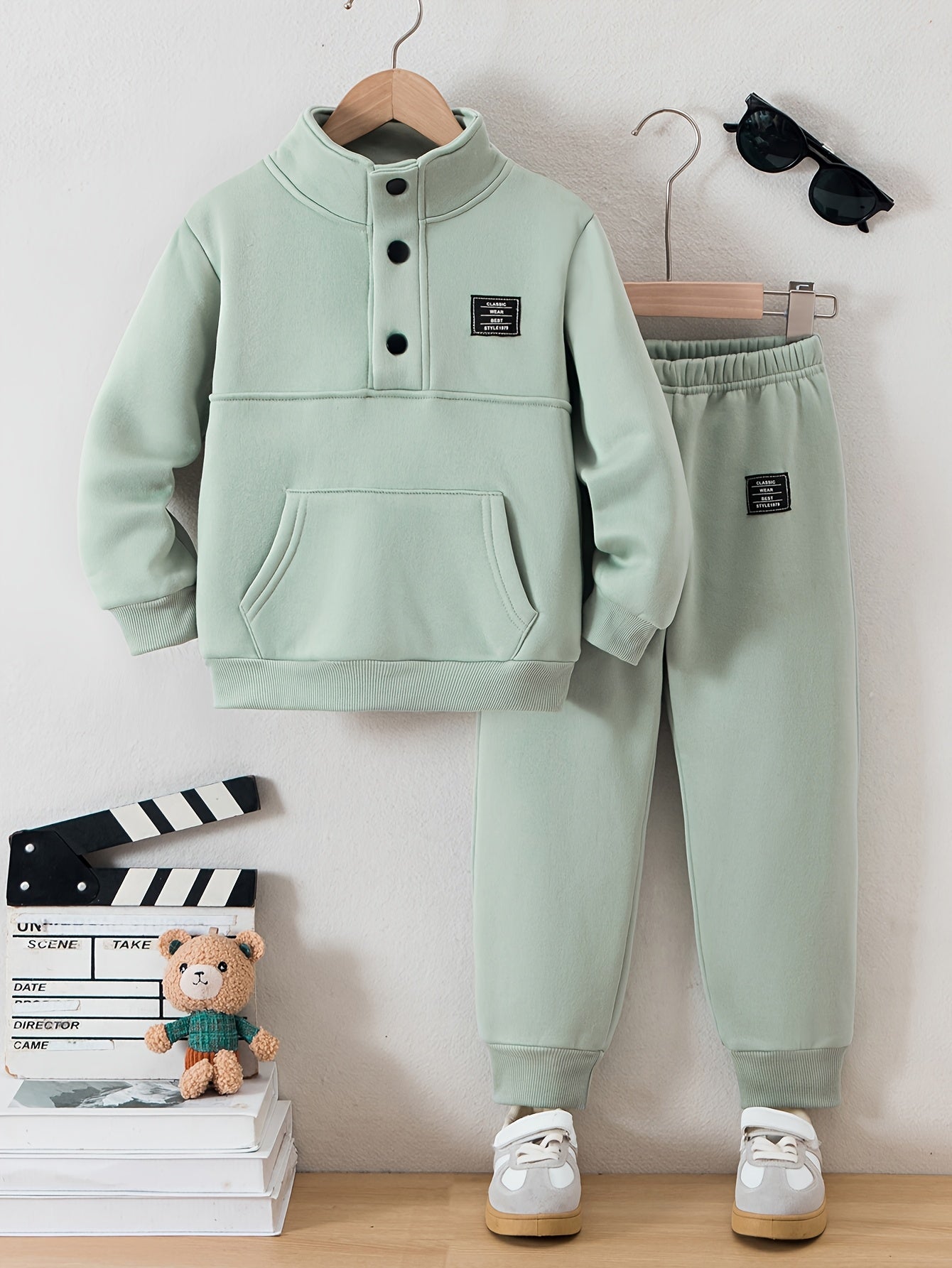 Boys' Cozy Fleece-Lined Hoodie & Sweatpants Set - Olive Green Casual Winter Outfit with Pockets, Thick Warmth for Fall & Winter, Regular Fit, Casual Attire, for Outdoor