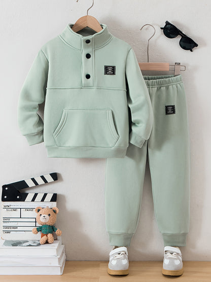Boys' Cozy Fleece-Lined Hoodie & Sweatpants Set - Olive Green Casual Winter Outfit with Pockets, Thick Warmth for Fall & Winter, Regular Fit, Casual Attire, for Outdoor
