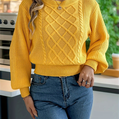 Elegant Cable Knit Sweater for Women - Casual Long Sleeve, Round Neck Pullover in Solid Color, Perfect for Fall/Winter