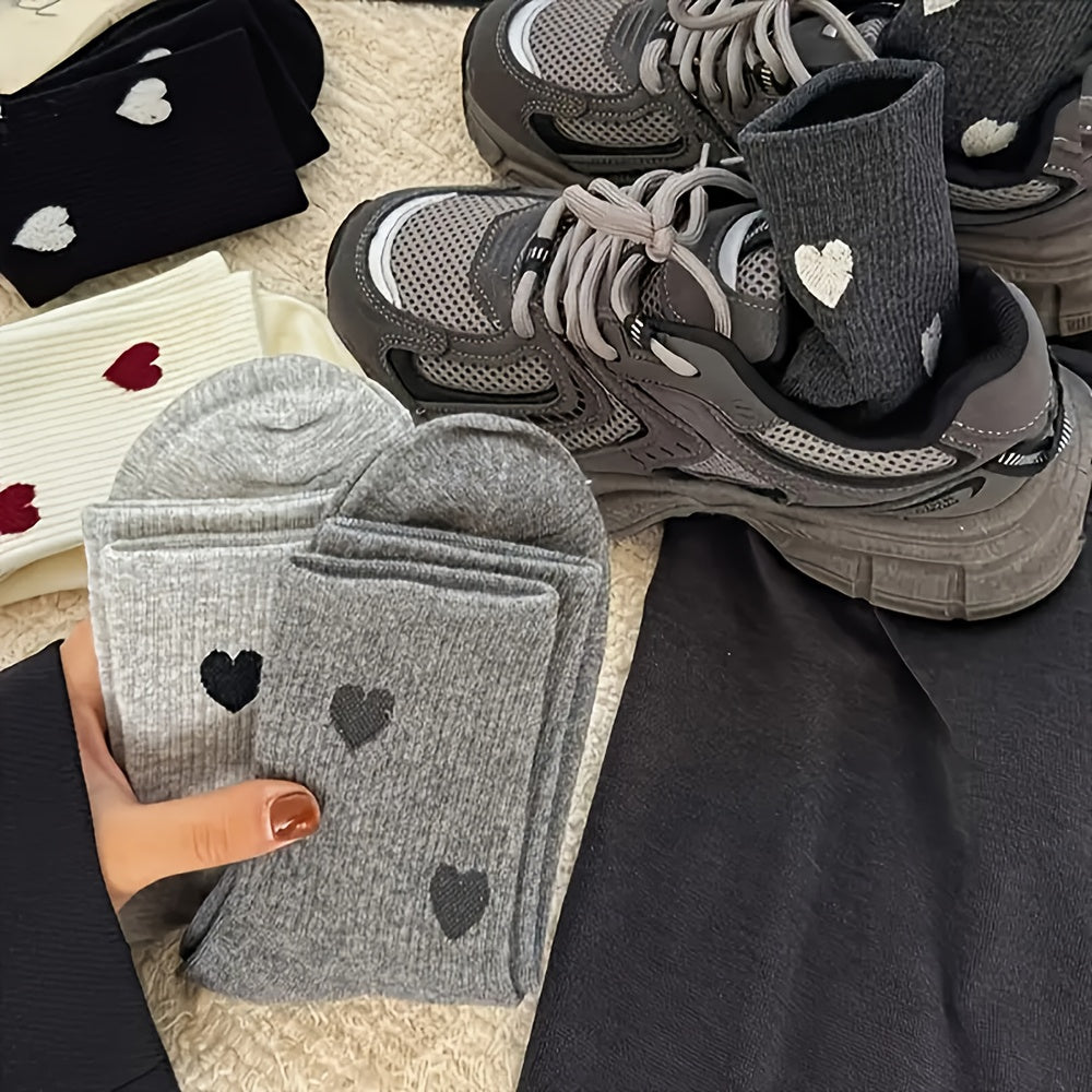 Women's 5 Pairs Mid-Calf Heart Pattern Socks, Soft Polyester