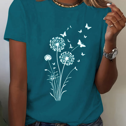 Women's Casual Dandelion Print T-Shirt - Soft Polyester Blend, Stretchy & Machine Washable, Crew Neck, Short Sleeve - Perfect for Spring & Summer