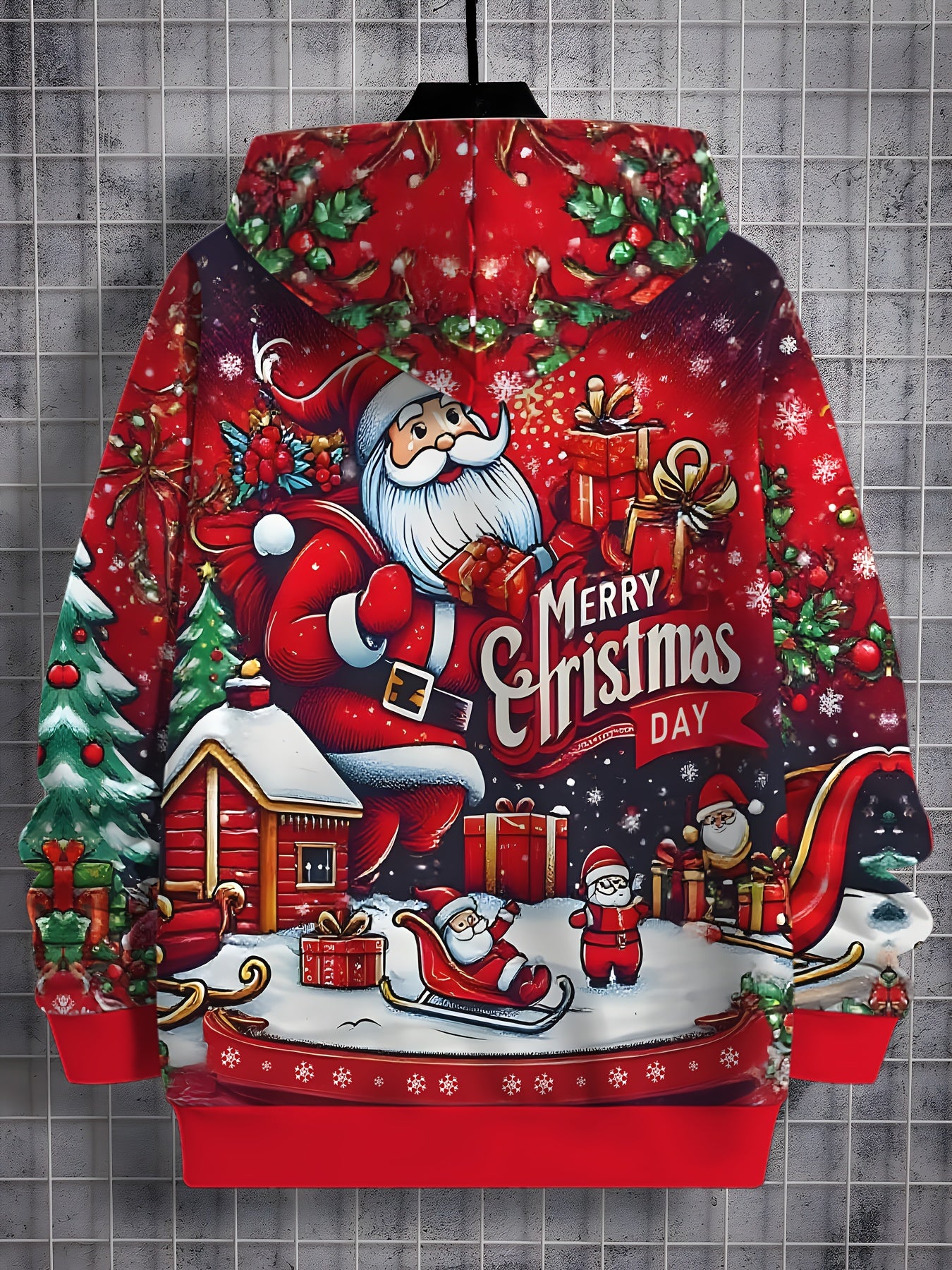 Men'S 3D Digital Print Hoodie - Festive Santa Claus & Christmas Tree Design, Red Casual Pullover with "Merry Christmas" Text, Long Sleeve, Regular Fit, Perfect for Holiday Celebrations, Christmas Hoodie