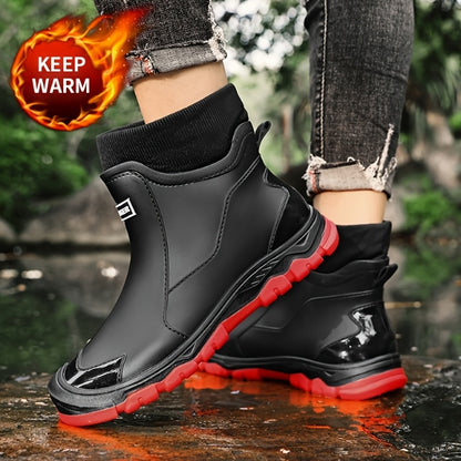 Men's Winter Plush-Lined Short Slip-On Rain Boots, Warm & Durable