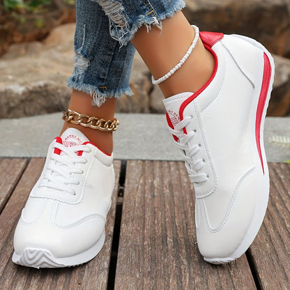 Women's Lightweight Casual Sneakers - White Synthetic Leather, All-Season Comfort, Stability Support, Breathable Fabric Lining, TPR Sole, Perfect for Casual Attire, Cute Shoes