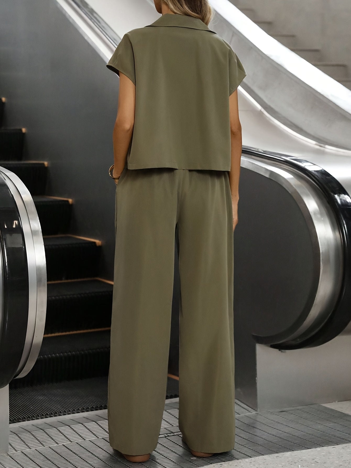Women's Casual Solid Color Shirt and Pants 2pcs Set, Spring Summer 2pcs Set: Solid Color Button-Up Short Sleeve Top and Pocket Pants, Women's Casual Elegant Spring Summer 2pcs Outfit, Women's Outing and Date Wear, Spring Summ - ayq