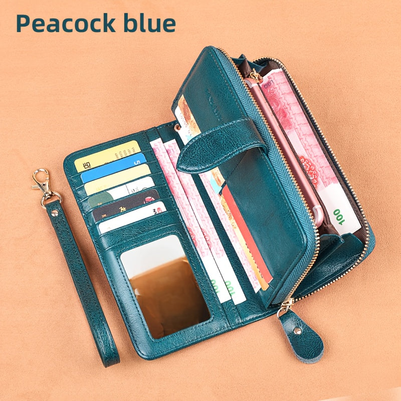 Two-Layer Cowhide Leather Clutch Wallet for Men & Women, Casual Large Capacity RFID Blocking Zippered Hand Purse with Transparent ID Slot and Anti-Theft Brush, Versatile for Going Out