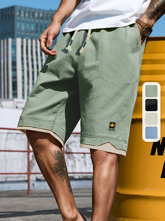 Men's Solid Shorts With Pockets, Casual Elastic Waist Fake Two-piece Drawstring Shorts For Summer
