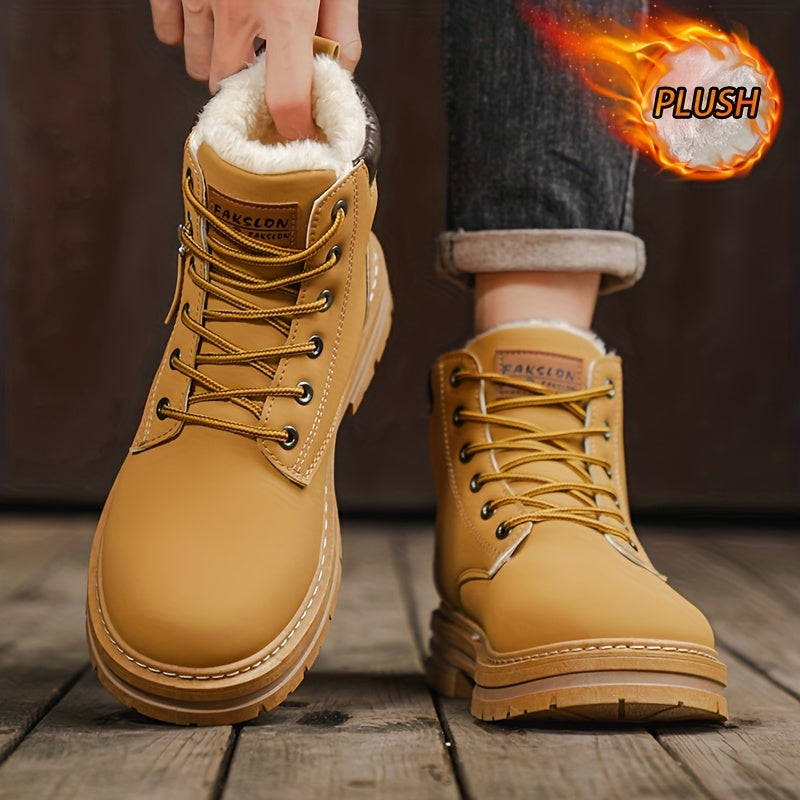 Men's Snow Sports Training Shoes for Autumn and Winter, Featuring a Plush-lined Thick Design for All-over Comfort. Soft, Light Beige-friendly, and Thickly Insulated for Warmth, Suitable for Various Winter Leisure Activities.