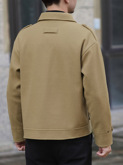 Men's Stylish Autumn/Winter Warm Polyester Casual Jacket with Lapel Collar, Zipper Closure, and Pockets - 100% Polyester Solid Color Loose Fit Coat