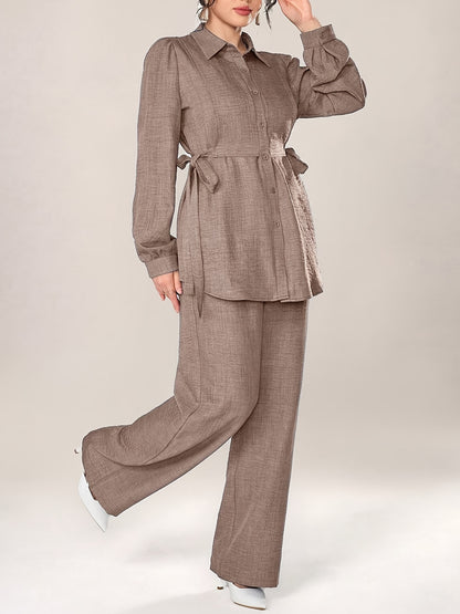 Stylish and Elegant Casual Two-Piece Women's Outfit with Side Tie Single-Breasted Shirt and Wide-Leg Pants for Office Wear