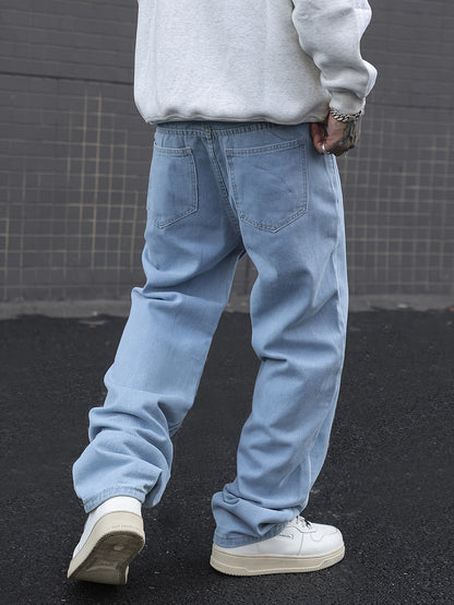 Men's Loose Solid Denim Pants With Pockets, Causal Cotton Blend Jeans For Outdoor Activities