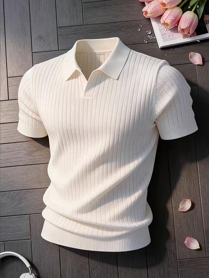 Men's Slim Fit Vertical Rib Knit Polo Shirt for Spring Summer