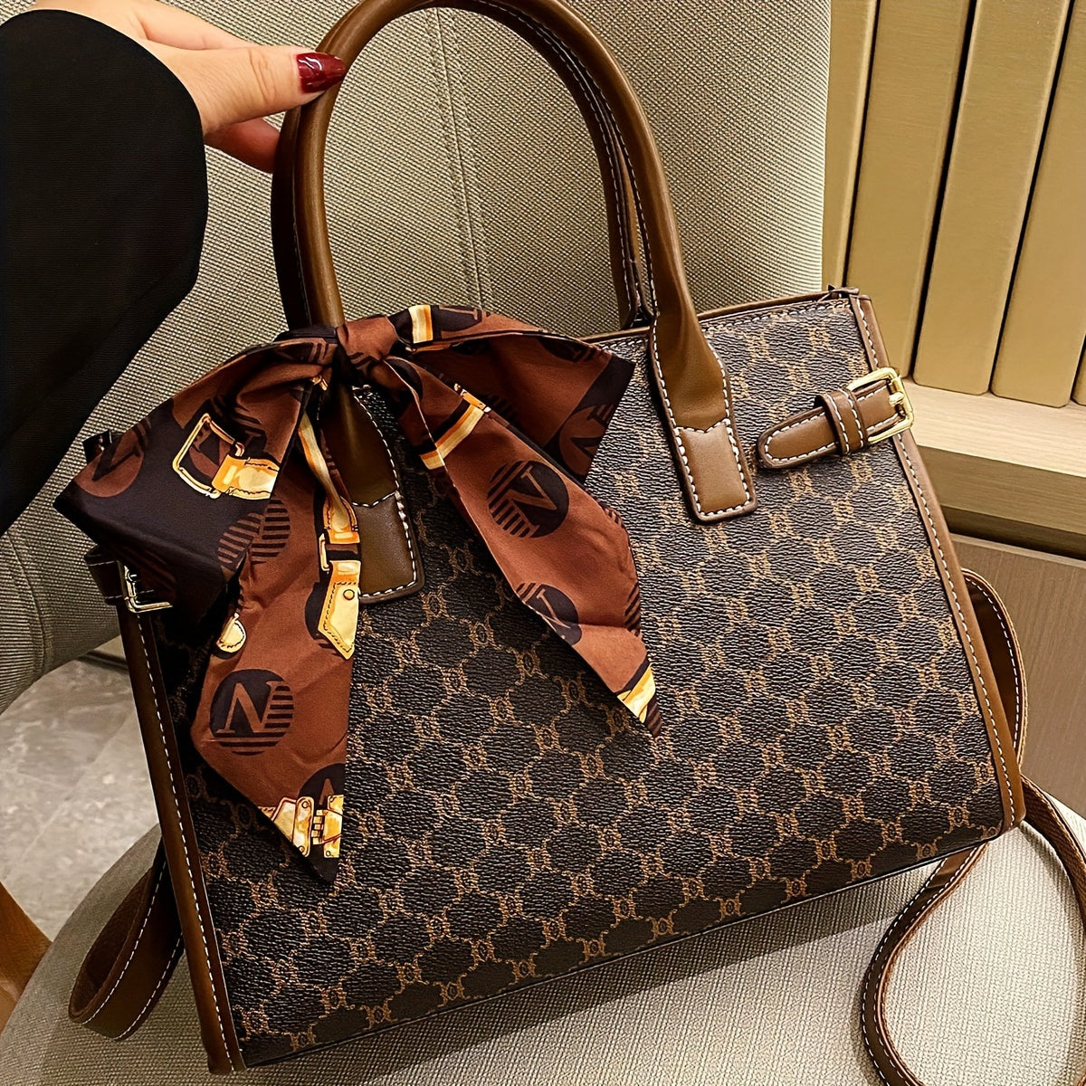 Created-Rubynet Large Handbag with Greek Key & Bow Design - Deep Brown Handbag, Golden-Tone Hardware, Fashion Bag for Ladies, Fashion Bags, Round Handbag, Fashionable Bags, Handbags Aesthetic, Large Soft Purse, Rectangular Ha