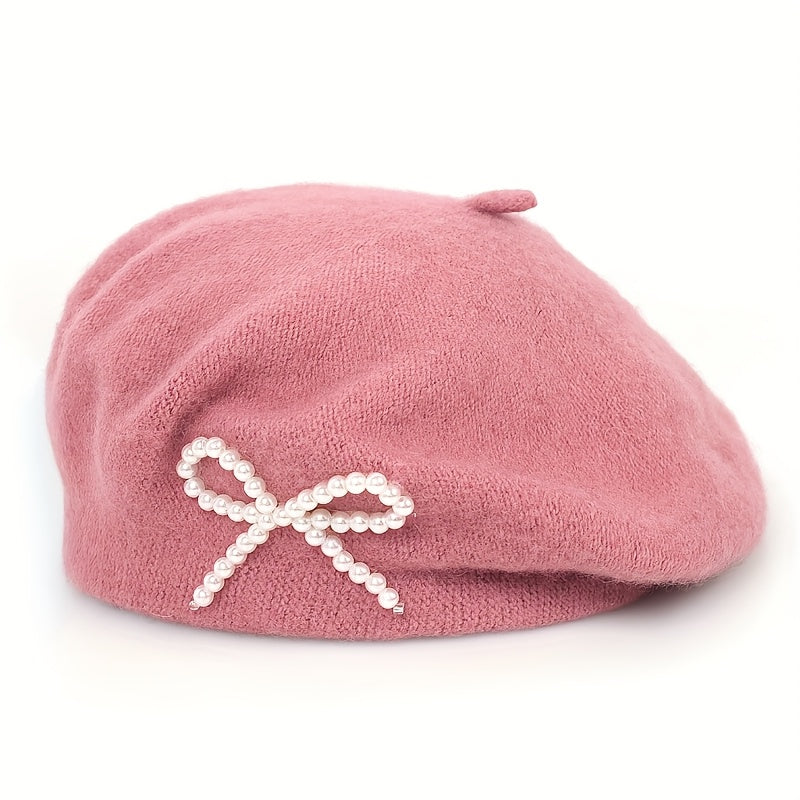 1pc Women's Wool Beret with Pearl Bow - Elegant, Breathable, and Stylish in Multiple Colors (Black, Brown, Gray, Beige, Purple, Pink) for Casual Attire