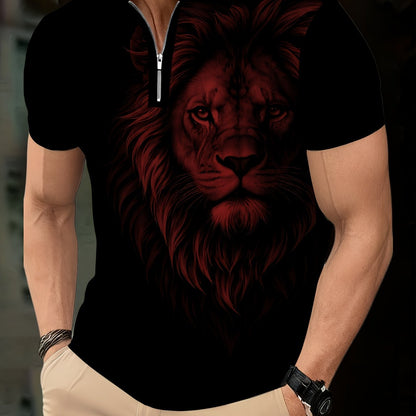 Men's Zip Shirt Short Sleeve Summer Trendy Lion Print Collar T-Shirt Business Casual Slim Fit Men's Top Women's Clothing - ayq