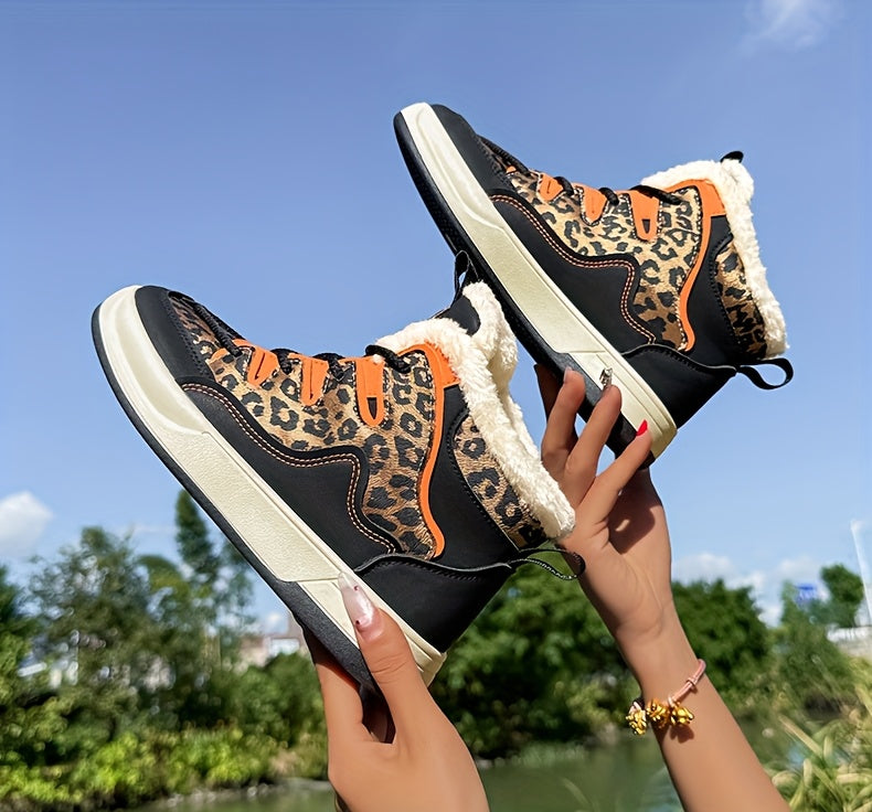 Women'S Stylish Leopard Print Winter Sneakers - Warm Fleece-Lined Casual Shoes with Thick PVC Sole, Black & Orange Design, Perfect for Fall/Winter Outdoor Activities, Winter Sneakers | Leopard Print Shoes | Durable PVC Sole