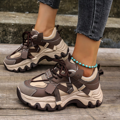 Women's Platform Sports Shoes, Two Tone Lace Up Height Increasing Chunky Sneakers, All-Match Walking Trainers