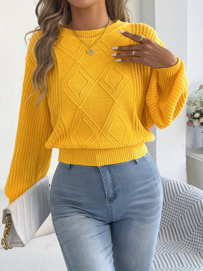 Women's Fall/Winter Crew Neck Diamond Knit Sweater with Lantern Sleeve