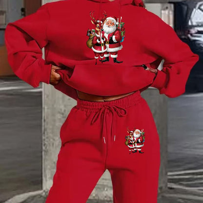 Women's winter clothing Santa Claus printed Women's velvet hooded sweater set