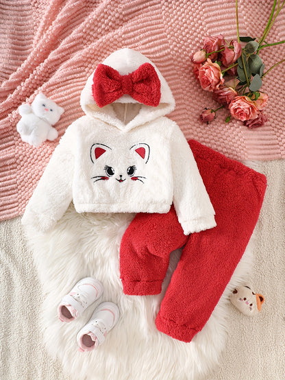 Girls' Cute Cartoon Cat Print Hooded Sweatshirt & Pants Set - Soft Plush Fleece, Pink &, Perfect for Outdoor Play & Daily Wear, Ideal Gift for Newborns, Outdoor Play Clothes, Playful Design, Comfortable Clothing, For Outdoor