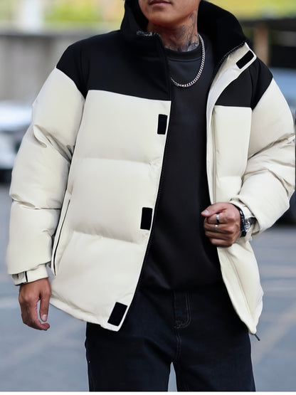 Տղամարդու ձմեռային գունային բլոկներով բաճկոն՝ կանգնած օձիքով - սև և առօրյա տաք վերարկու՝ բացօթյա օգտագործման համար, պոլիեսթերով լցված կայծակաճարմանդ առջևի մասով, սովորական չափսի՝ ցուրտ եղանակի համար, չձգվող գործվածք