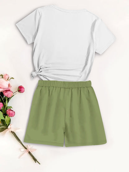 Summer Women’s Two-Piece Set with Cartoon Print & Crew Neck