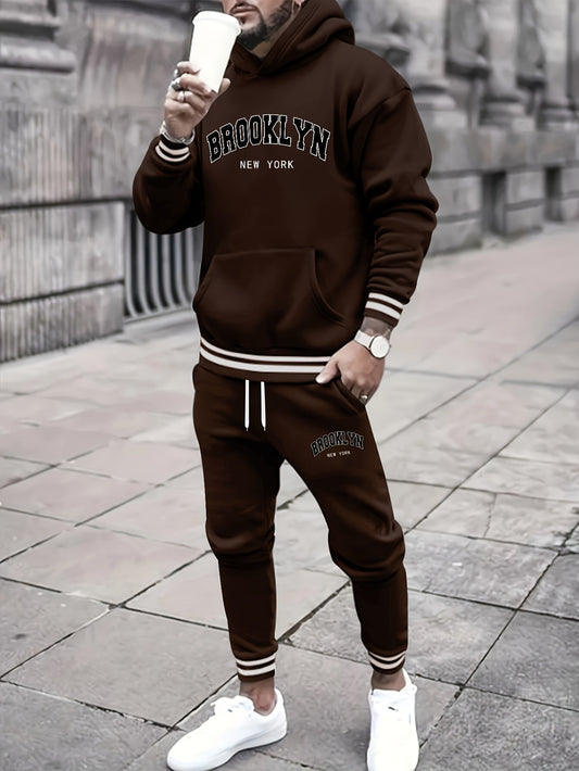 2pcs Men's Trendy BROOKLYN Letter Print Hooded Outfit, Hoodie & Pants Set, Men's Clothes For Spring Fall Winter, As Gift