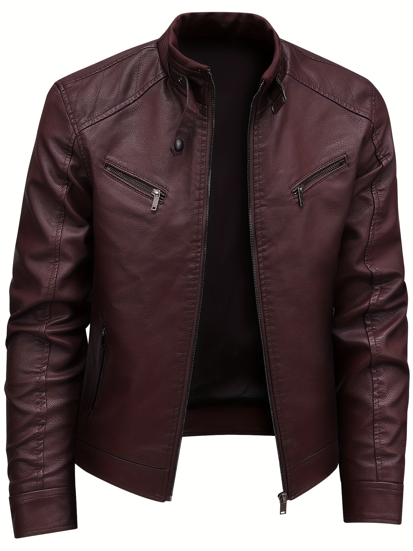 Men's Stylish Burgundy Jacket - Fall/Winter Trendy Stand Collar Biker Jacket with Multiple Zippered Pockets, Casual Design for Casual Attire, Fall Jacket | Modern Casual Jacket | Glossy Finish Jacket - ayq