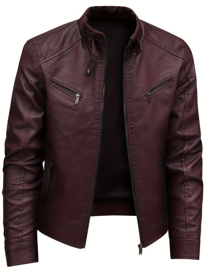 Men's Stylish Burgundy Jacket - Fall/Winter Trendy Stand Collar Biker Jacket with Multiple Zippered Pockets, Casual Design for Casual Attire, Fall Jacket | Modern Casual Jacket | Glossy Finish Jacket - ayq